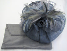 Load image into Gallery viewer, Handcrafted air force blue  fascinator with bow rose and feathers on a hair band