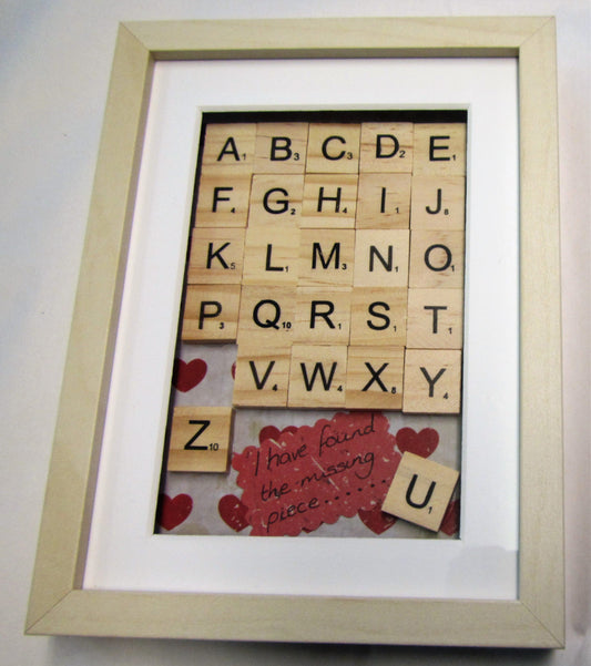 Handcrafted scrabble picture "I have found the missing piece"