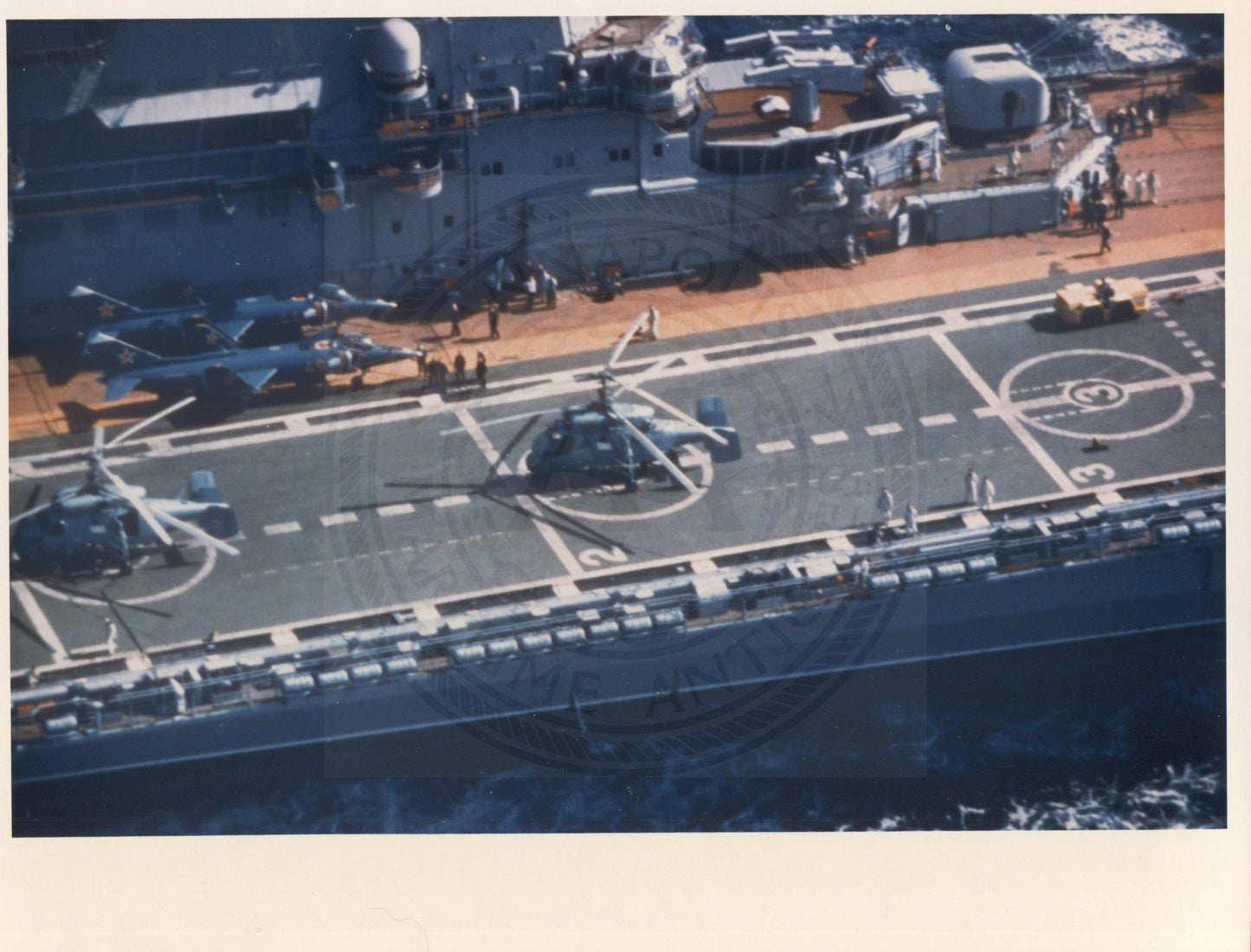 Official U.S. Navy photo of Soviet Kiev class aircraft carrier Minsk underway with aircraft on the deck.