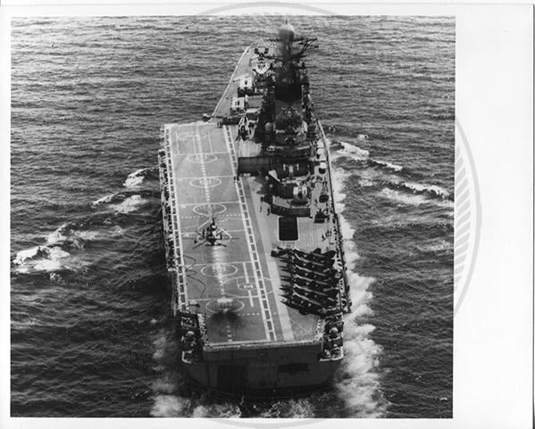 Official U.S. Navy photo of Soviet Kiev class aircraft carrier Minsk underway with aircraft on the deck.