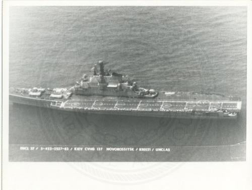 Official U.S. Navy photo of Soviet Kiev class aircraft carrier Novorossiysk with carrier operations underway YAK-36 Forger