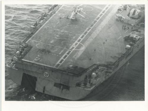 Official U.S. Navy photo of Soviet Kiev class aircraft carrier Novorossiysk with carrier operations underway YAK-36 Forger