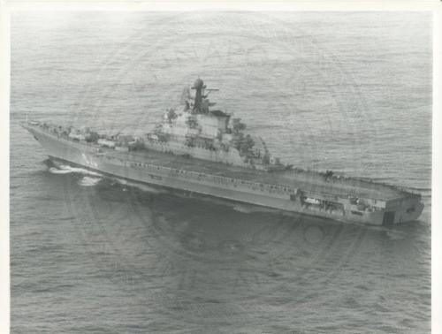 Official U.S. Navy photo of Soviet Kiev class aircraft carrier Novorossiysk with carrier operations underway YAK-36 Forger