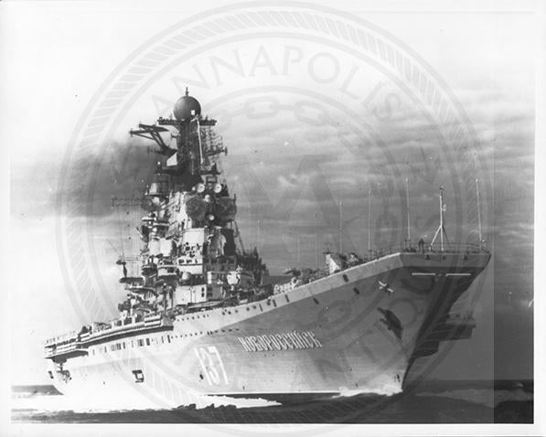 Official U.S. Navy photo of Soviet Kiev class aircraft carrier Novorossiysk underway.