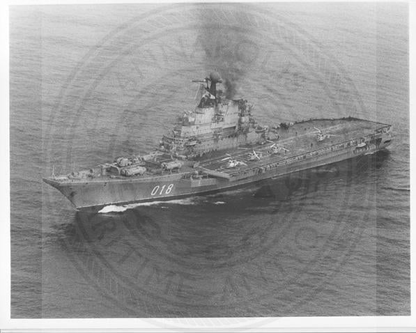 Official U.S. Navy photo of Soviet Kiev class aircraft carrier Novorossiysk underway.