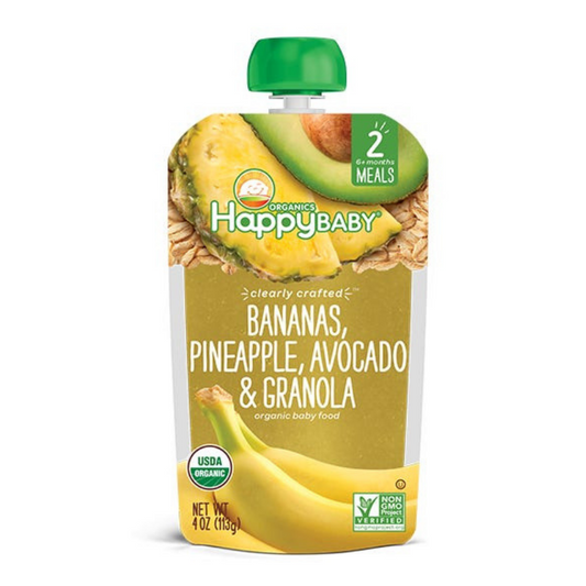 Happy Family Happy Baby Stage 2 Clearly Crafted Meals - Bananas Pineapples Avocado & Granola, 113 g.