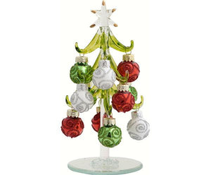 Hand Crafted Green Glass Tree-6" w/Red, Green, White Ornaments