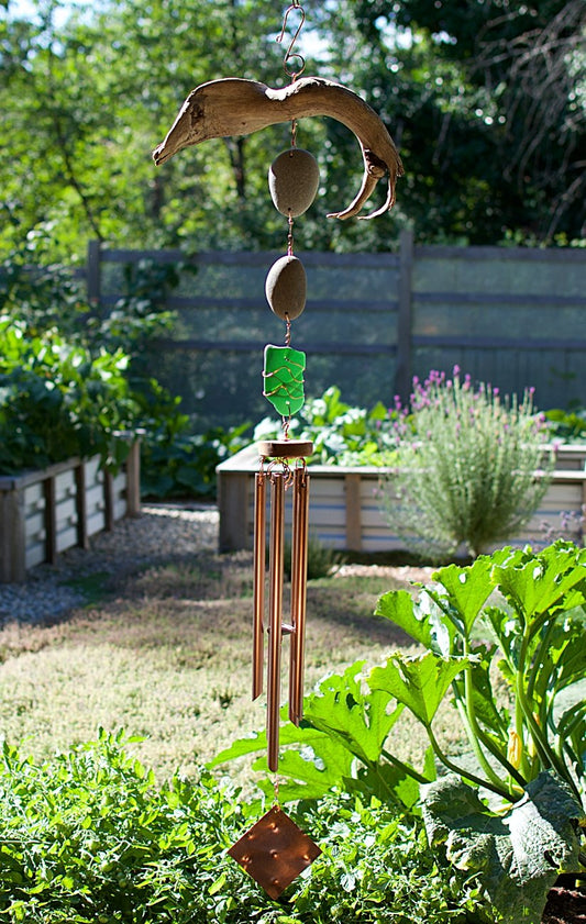 Natural Driftwood Beach Stone West Coast Handcrafted Outdoor Wind Chime