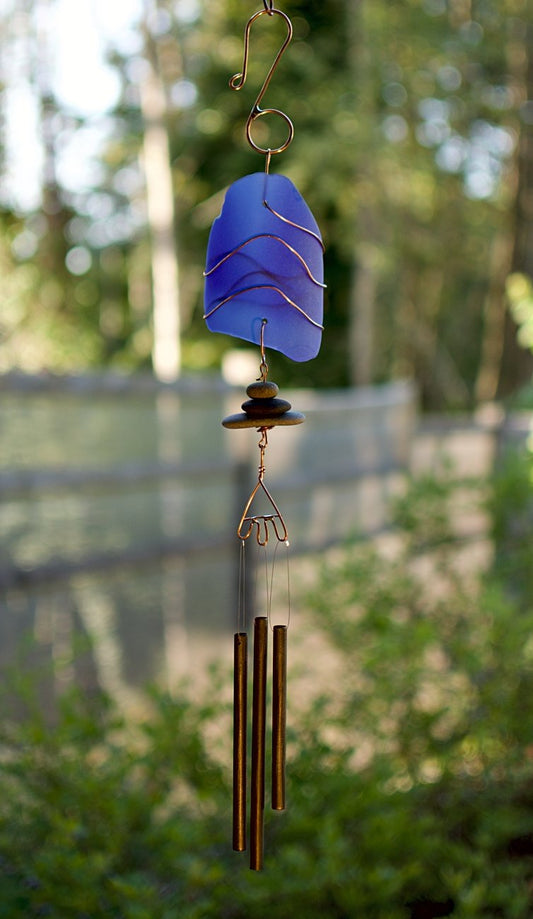 Wind Chime Cobalt Blue Glass Beach Stones Handcrafted Windchimes