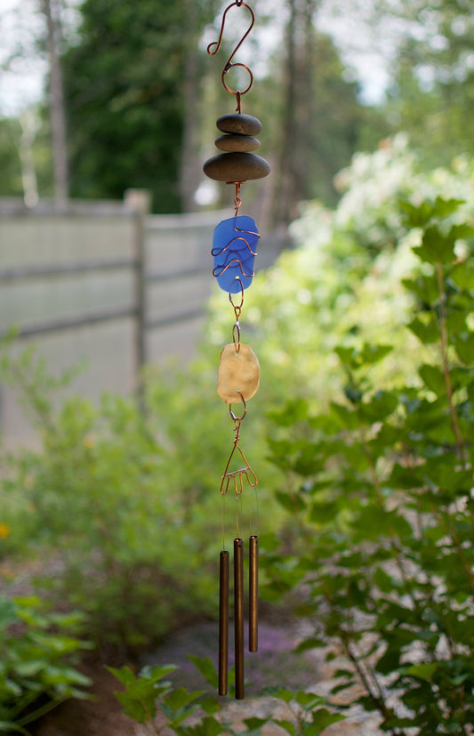Wind Chime Beach Stones Cobalt Blue Glass Outdoor Windchimes