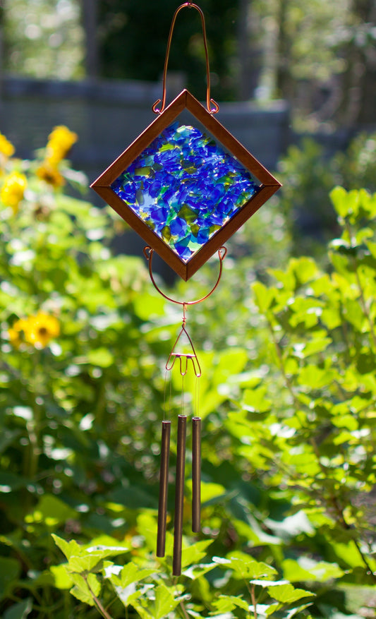 Wind Chime Blue Green Glass Copper Handcrafted Outdoor