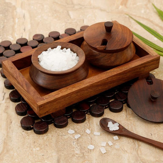 Wooden Jar Set With Tray & Spoon In Sheesham Wood Brown