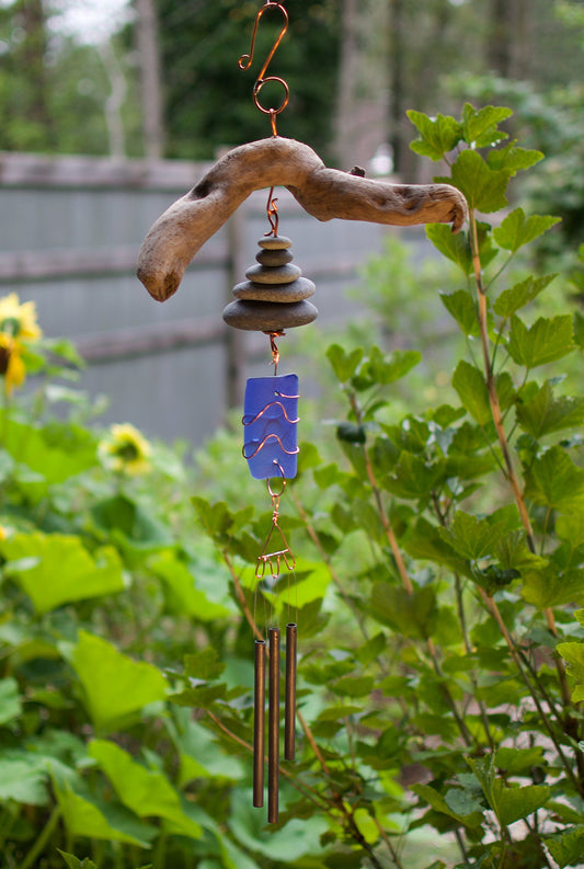 Wind Chime Driftwood, Beach Stone, Sea Glass Handcrafted