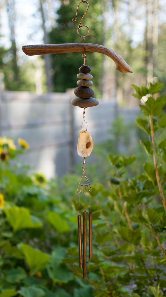 Wind Chime Driftwood Beach Stone Oyster Shell Handcrafted