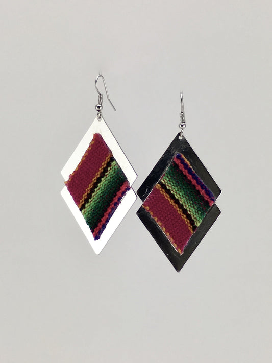 Handcrafted colorful manta inca silver tone diamond shape dangle earrings