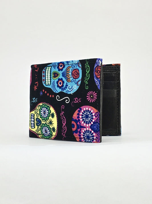 Sugar skull neon on black print handcrafted billfold wallet