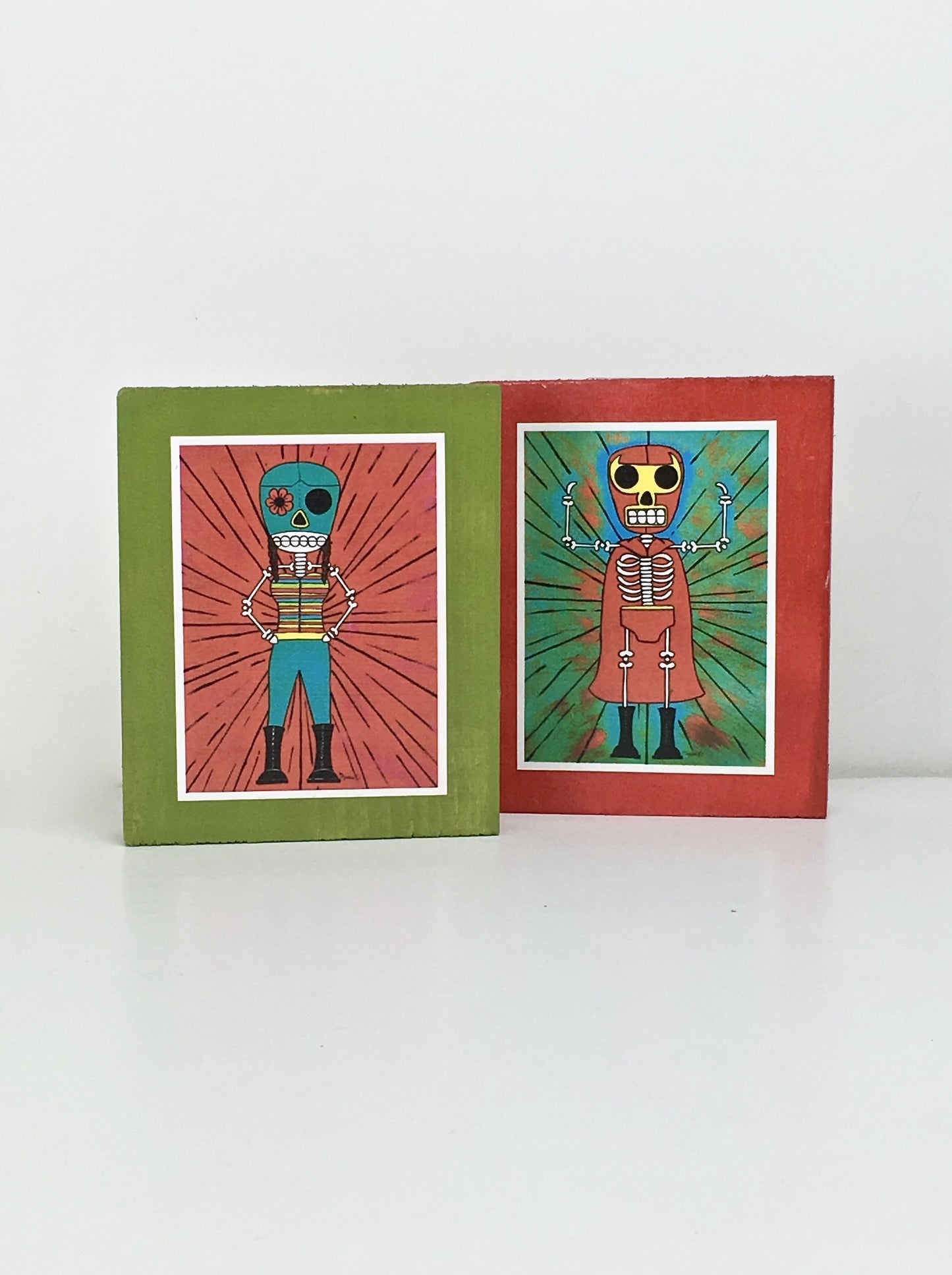 Luchador and luchadora tile set dia de muertos inspired handcrafted pop art frame by Ninoska Arte