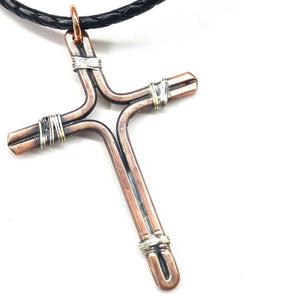 Hand Crafted Copper and Silver Wire Cross Necklace for Him