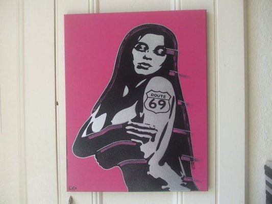 Route 69 painting silver woman  stencil art canvas spray paints tattoo pink black hand crafted urban pop art wall art gift street art home