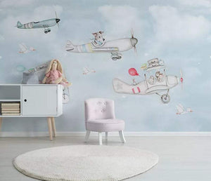 Nursery Wallpaper Sky Poster Minimalist Cartoon  Animal Aircraft Children s  Room Background Wall   Kid Room Wallpaper