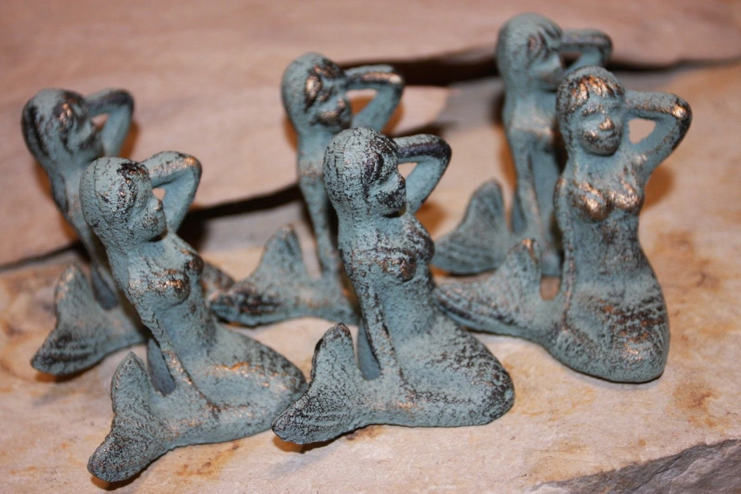Mermaid Figurine Antiqued Look Cast Iron, Side Sitting Shelf Sitter, 2 3/4". Mermaid Beach Scape Crafts Supplies,  N-55A