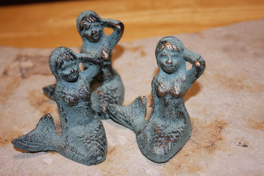 Mermaid Figurine Antiqued Look Cast Iron, Side Sitting Shelf Sitter, 2 3/4". Mermaid Beach Scape Crafts Supplies,  N-55A
