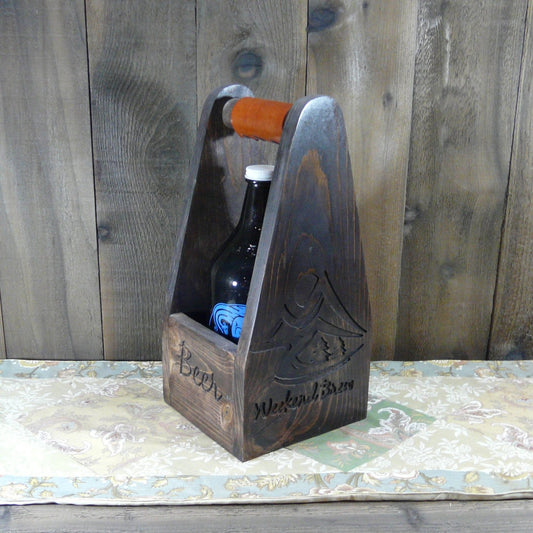 Weekend Brew Mountain Scene Single Growler Carrier Crate - Engraved Pine Wood Leather Grip