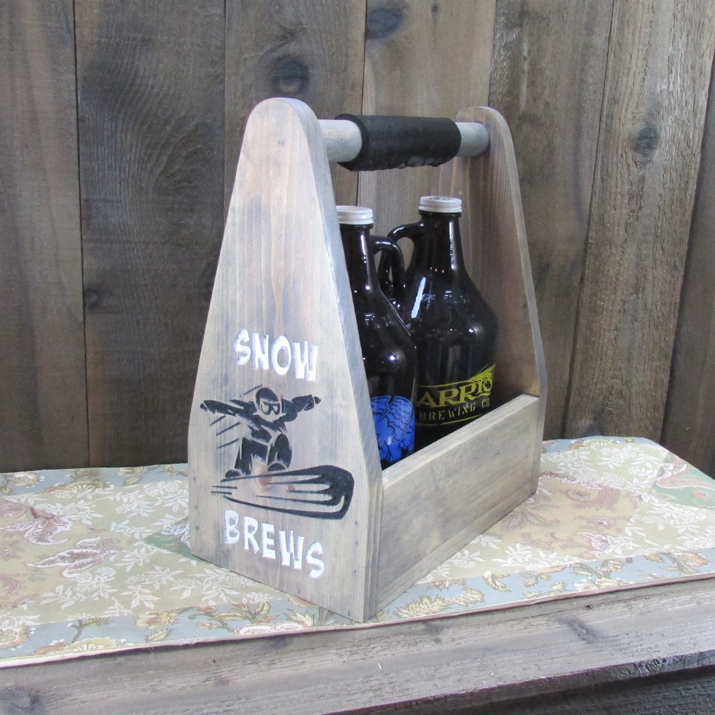 Snow Brews Snowboard Double Growler Carrier Holder Crate - Engraved Pine Wood