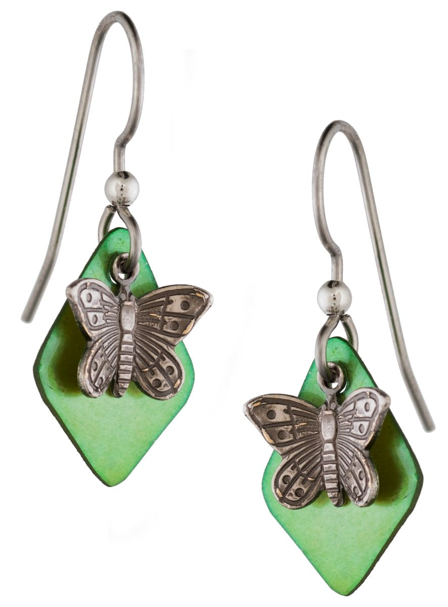 Silver Forest of Vermont Butterfly Genuine Green Shell Drop Earrings ne-0741 Handcrafted in the USA