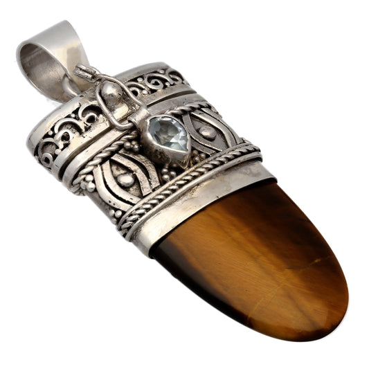 Handcrafted Sterling Silver Tiger Eye and Blue Topaz Drop Poison Tongue Pendant