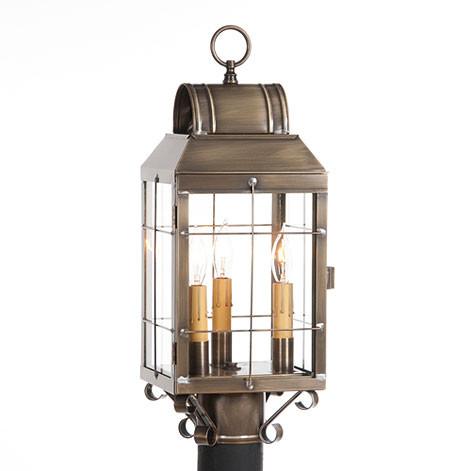 OUTDOOR POST LANTERN Weathered Brass Handcrafted Colonial Post Mount Light