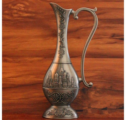 Metal Handcrafted Embossed Hammered Wine Decanter Moroccan Vase Antique Patina  Accent Decor Home