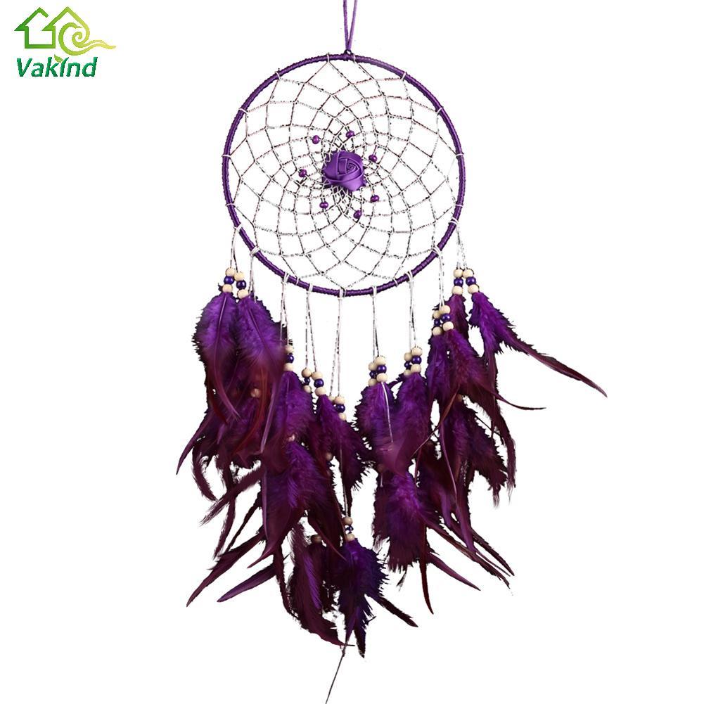 Purple Dreamcatcher Feather Craft Dream Catcher Net with Bead Rose Tassel Home Wall Hanging Decoration Ornaments