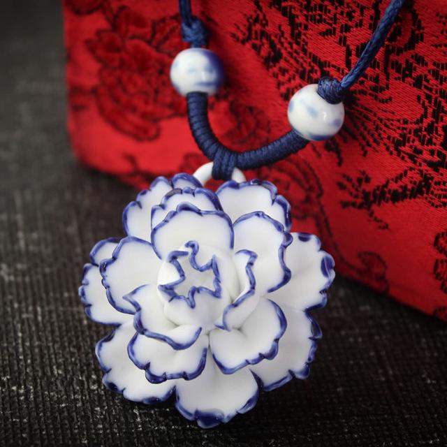 handcraft peony Ceramic Flower long necklace Porcelain Traditional vintage Jewelry Pendant sweater chain