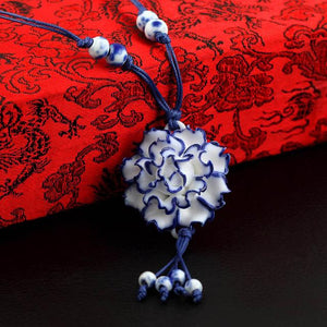 handcraft peony Ceramic Flower long necklace Porcelain Traditional vintage Jewelry Pendant sweater chain