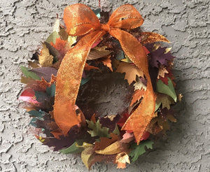 Handcrafted 8" Wreath with Paper Fall Leaves and Glittery Tulle