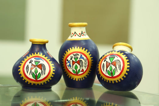 Terracotta Table Pots Warli Handpainted Miniature Blue Set Of 3