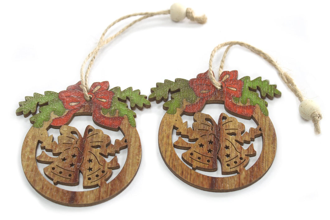 Pack of 2 Christmas Wooden Craft Decorations - Bells & Bow