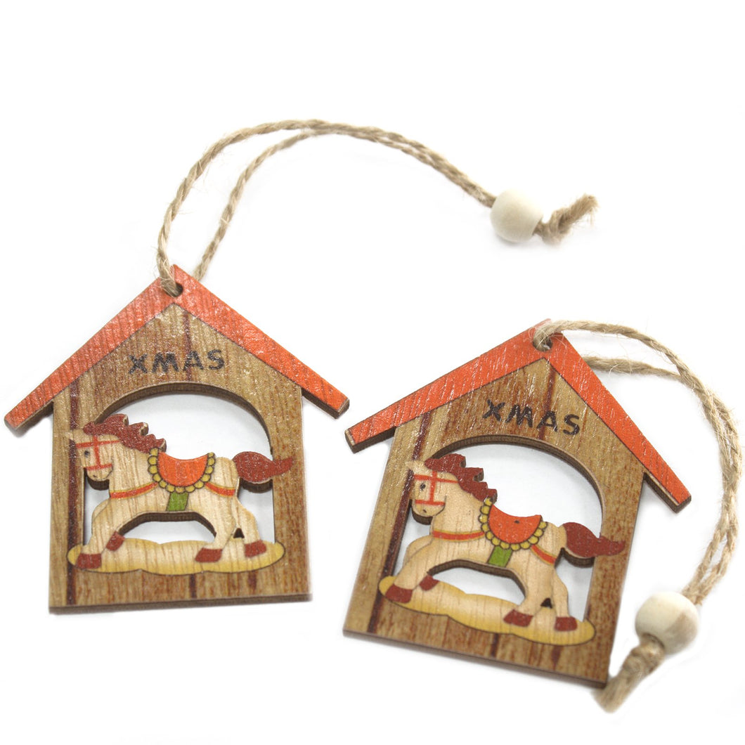 Pack of 2 Christmas Wooden Craft Decorations - Christmas Rocking Horse